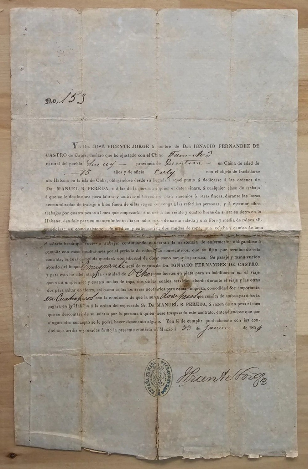 ANTIQUE Cuban Cuba Letter 1854 Slave Chinese Working Contract SIGNED DOCUMENT