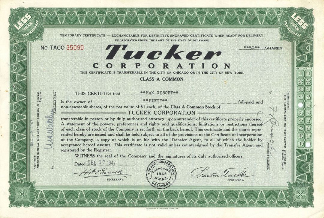 Tucker Corporation - 1948 dated Automotive Green Stock Certificate - Only 50 Tuc