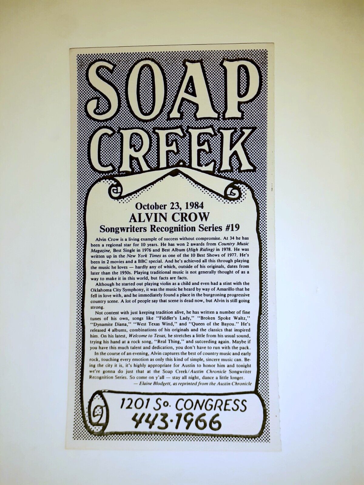 Soap Creek Saloon ALVIN CROW AUSTIN TEXAS Songwriters Series table card