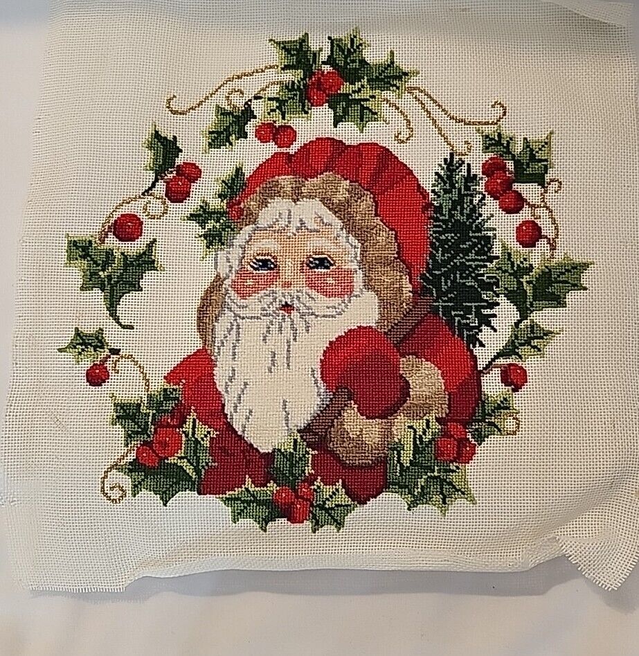 Vtg Finished Handmade Cross Stitch Christmas Santa w/Holly & Berries ~12\
