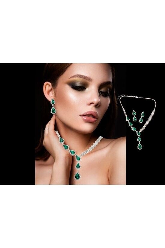 Silver Emerald Green Tear Necklace Set