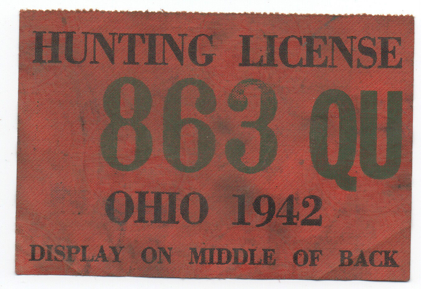 1942 State of Ohio Cloth Hunting License