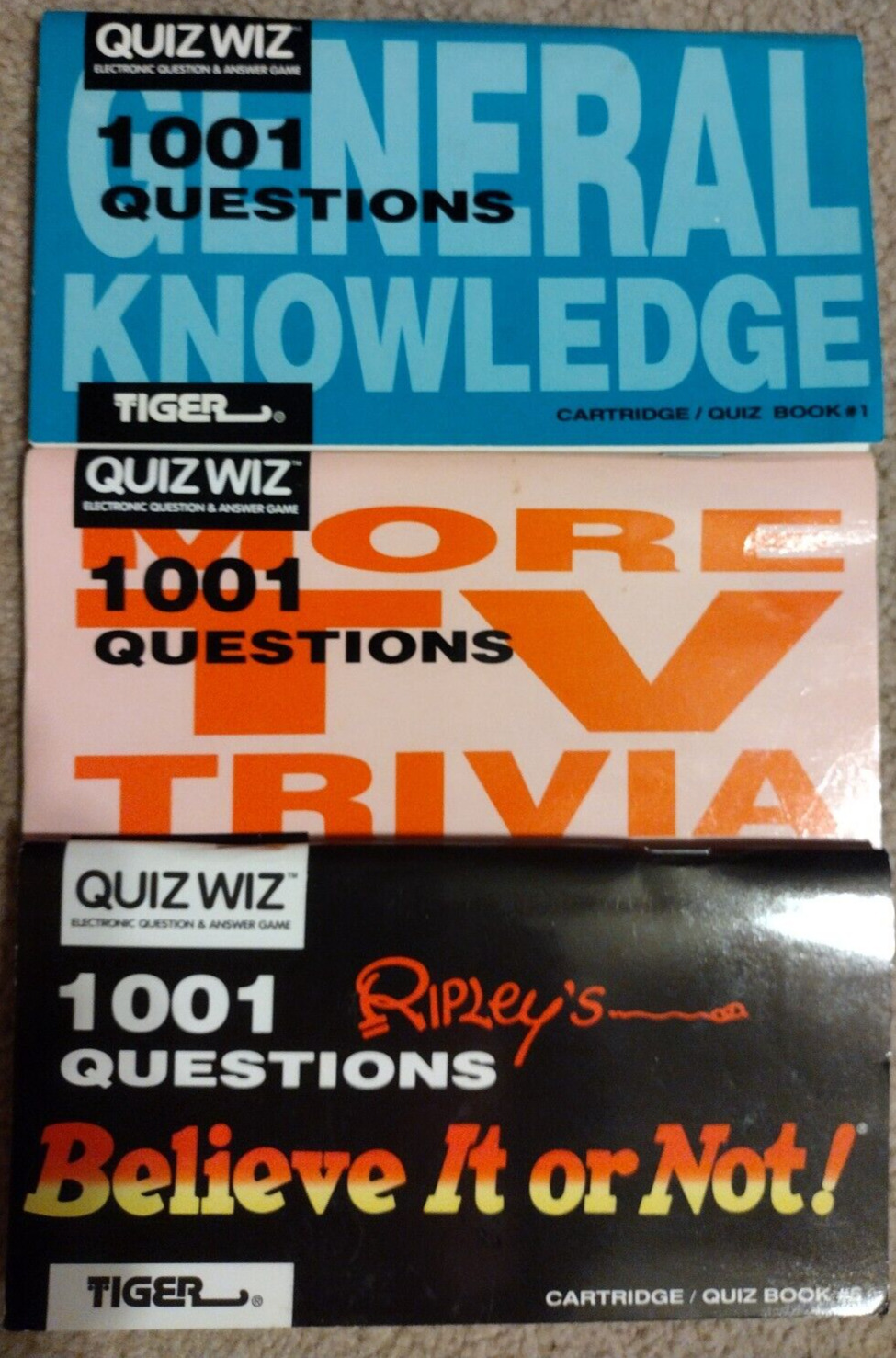 Vintage 1993 TIGER QUIZ WIZ BOOKS 3) GENERAL KNOWLEDGE, TV TRIVIA, 1001 QUESTION