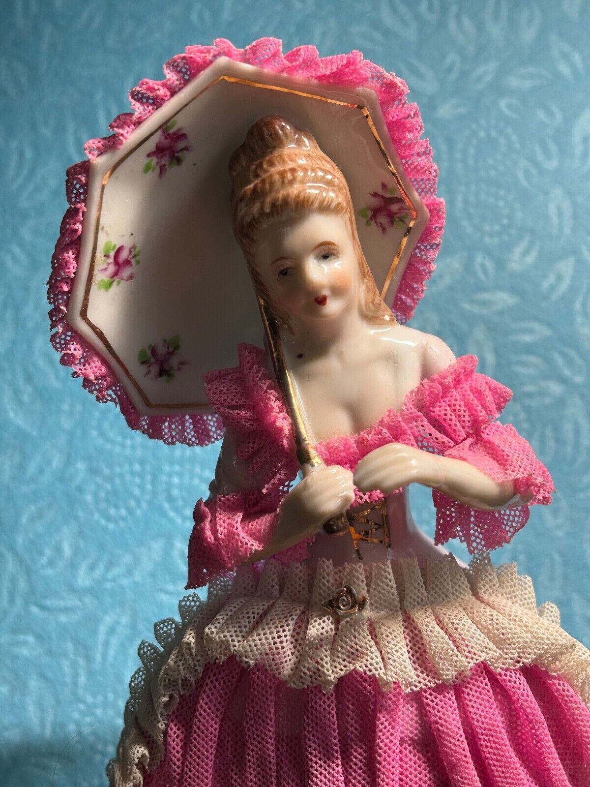 Vintage 9\'\' Dresden Style Japanese Pink Lady w Parasol Porcelain Figurine