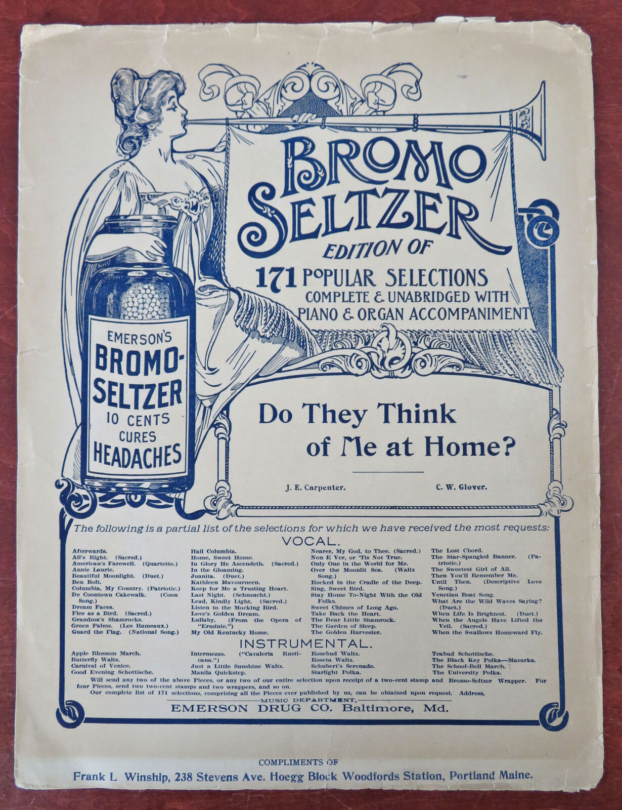 Bromo Seltzer Emerson Drug Co. Promotional Sheet Music c. 1890\'s patent medicine