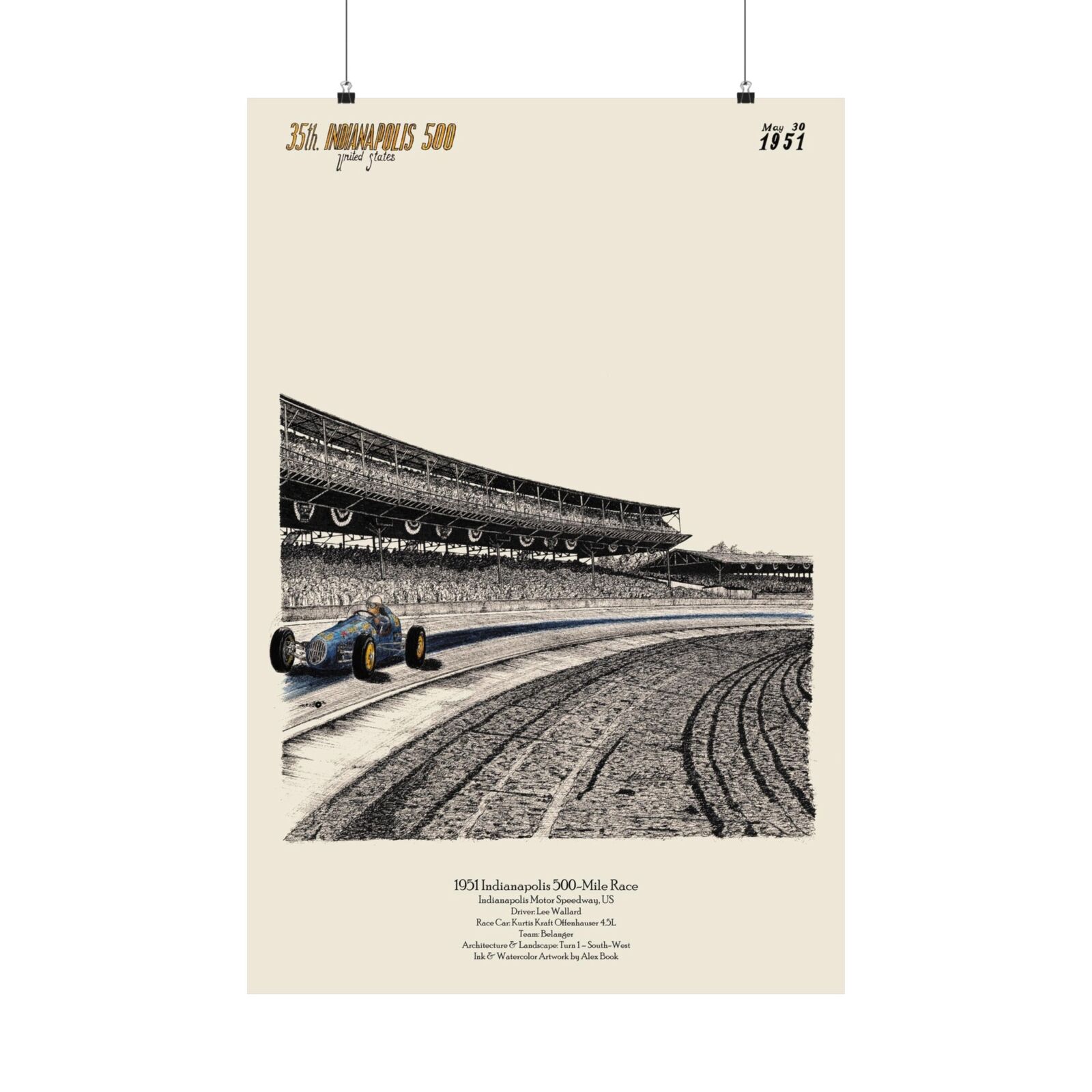 1951 Indianapolis 500 Vintage Race Poster Wallard Indy-500 Racing Car Art Print