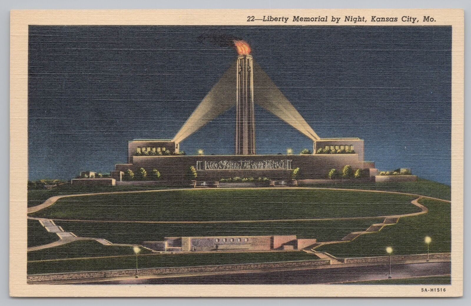 Linen~Liberty WWI Memorial At Night~Kansas City Missouri~Vintage Postcard