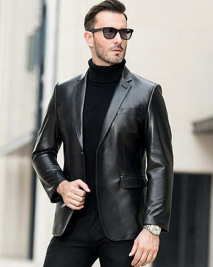 NEW Men\'s Genuine Lambskin Leather Blazer Jacket Two Button Black Slim fit Coat