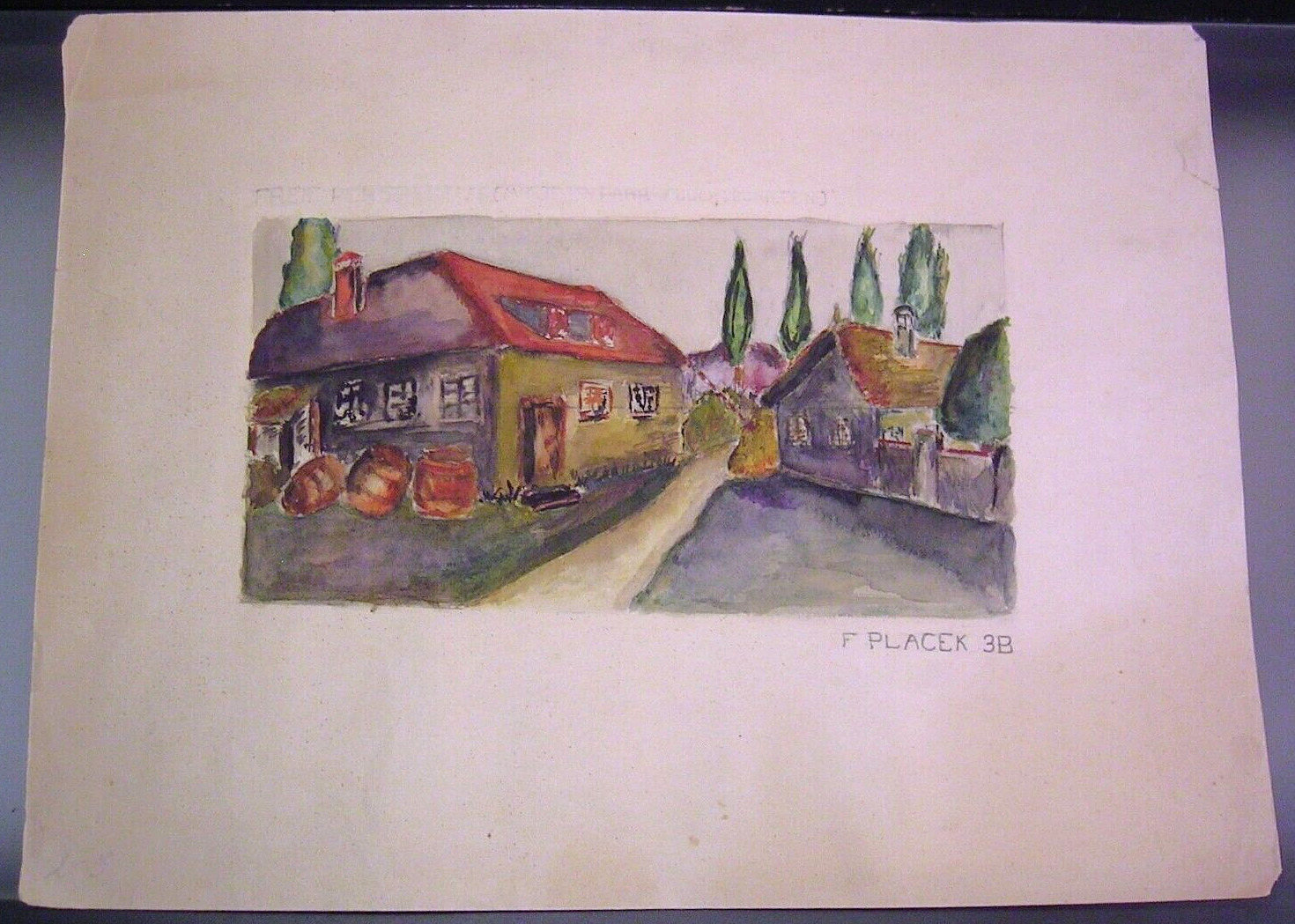 Antique Signed 1920s Landscape Watercolor Painting With House