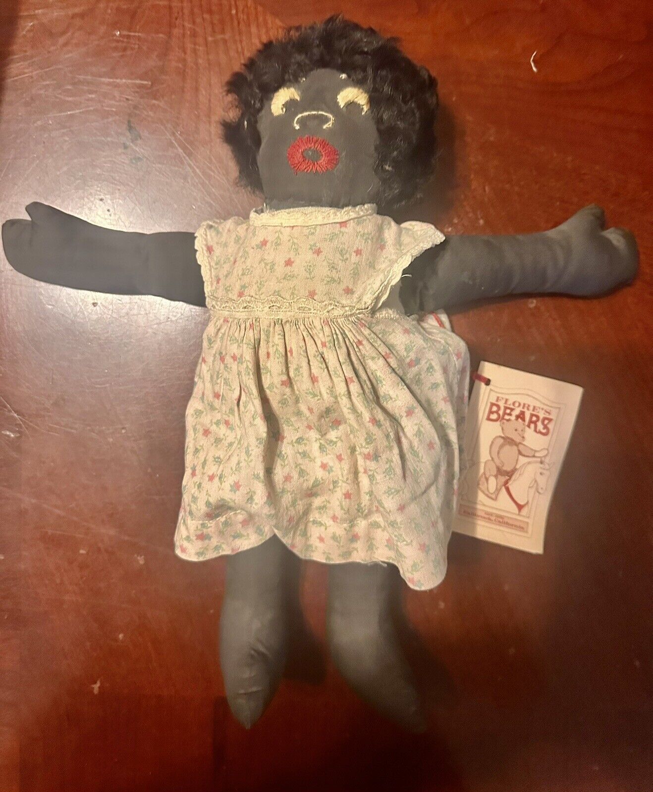 Vintage Handmade Primitive Cloth Black Rag Doll Flore’s Bears 12” NWT