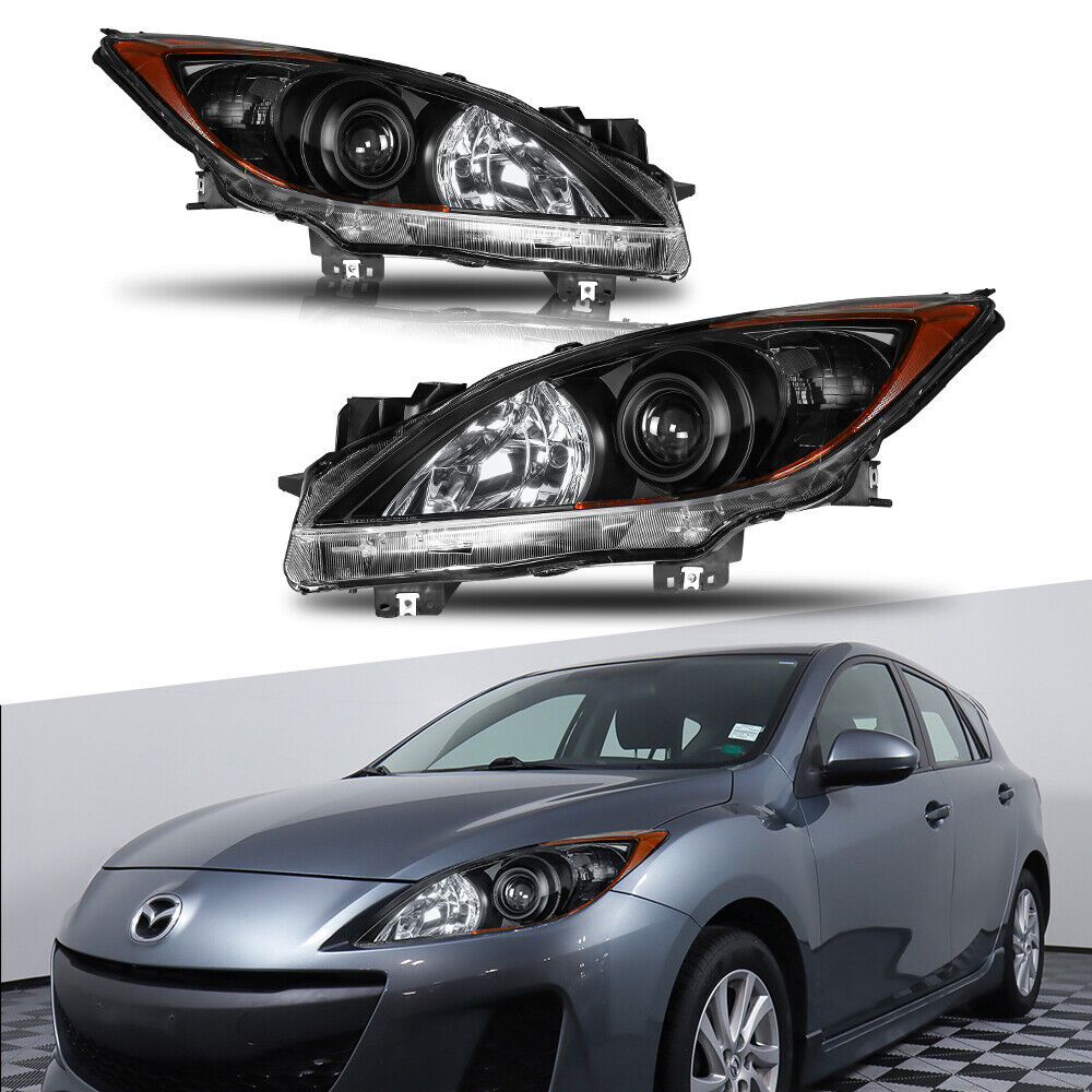 LH+RH Black Headlights Front Lamps Clear Lens For 2010-2013 Mazda 3