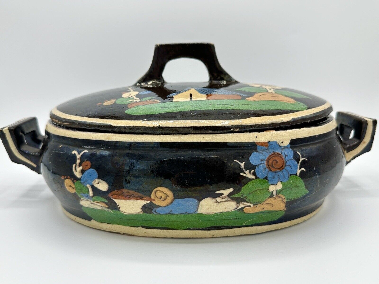Vintage 1930s Black Mexican Tlaquepaque  Pottery Hand-Painted Casserole Marked