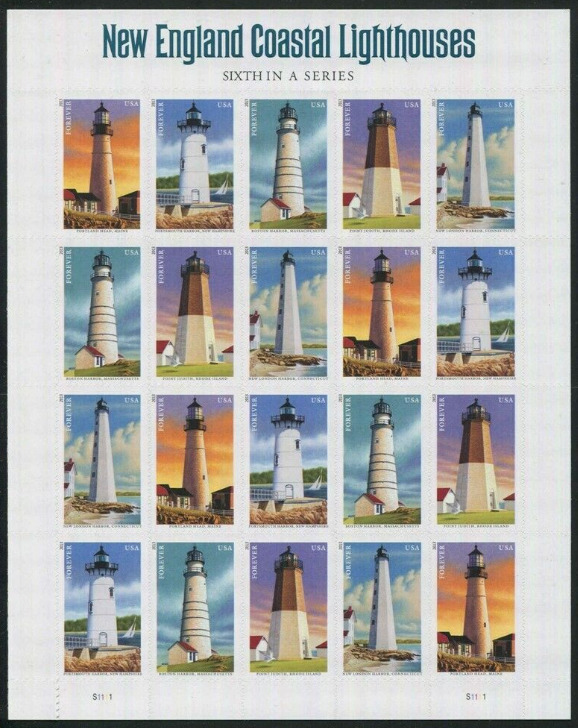 New England Coastal Lighthouses Sheet of 20 Stamps Scott 4791-95 MNH