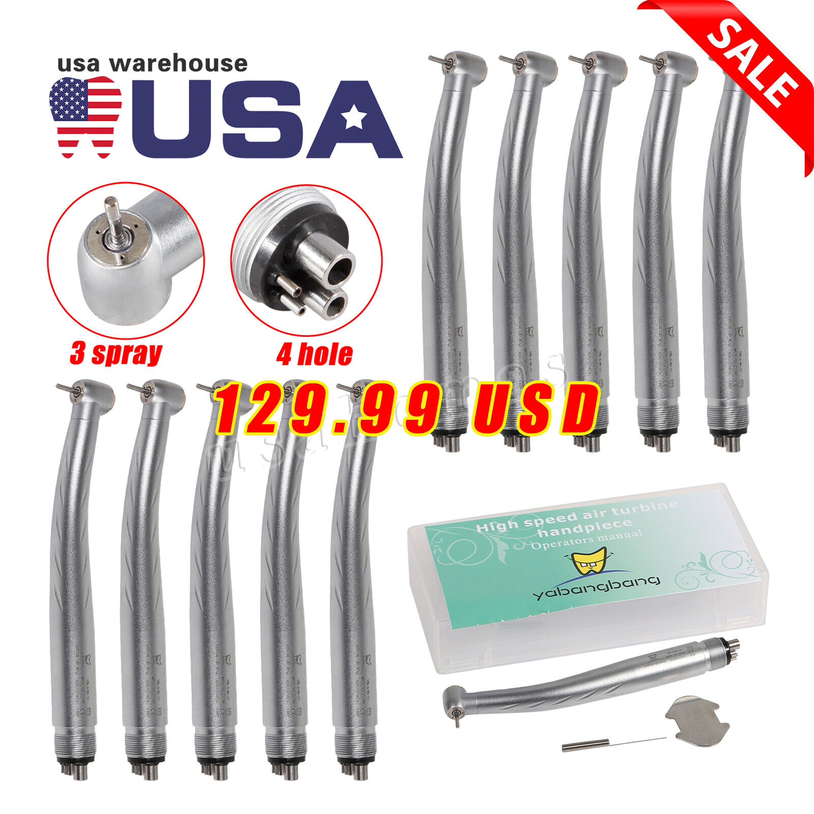 10 pieces High Speed Handpieces Dental Turbine Push Button Triple Water Yabang