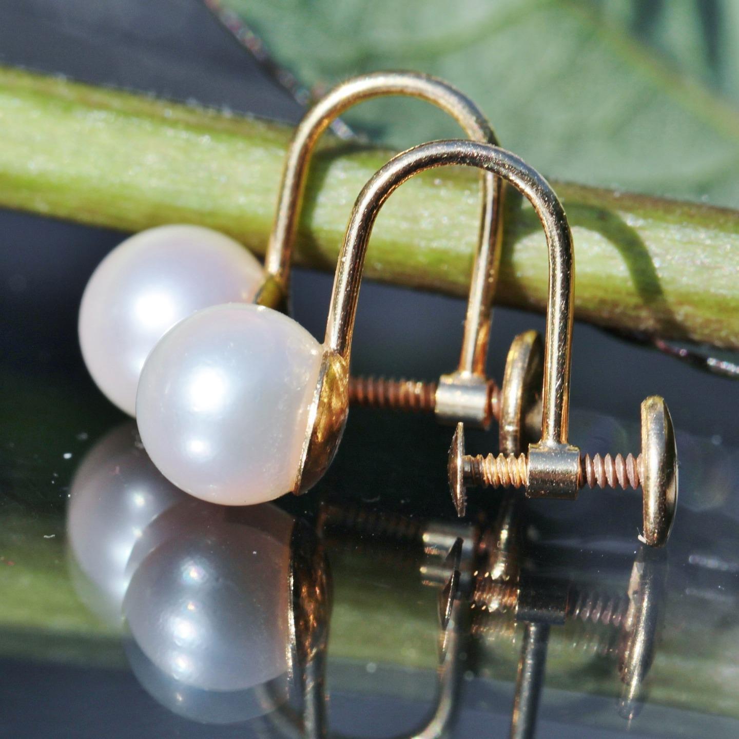 14k yellow gold earrings 6.8mm pearl non pierced screw back 1920\'s antique 1.9gr