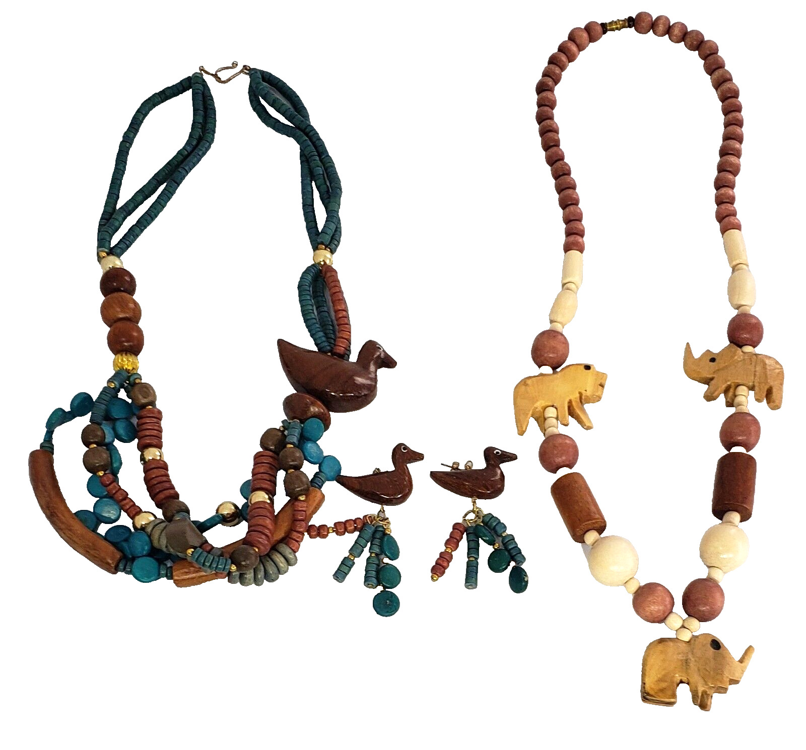 2 Vintage Artisan Beaded Necklaces Earrings Wood Duck Elephant Turquoise Brown