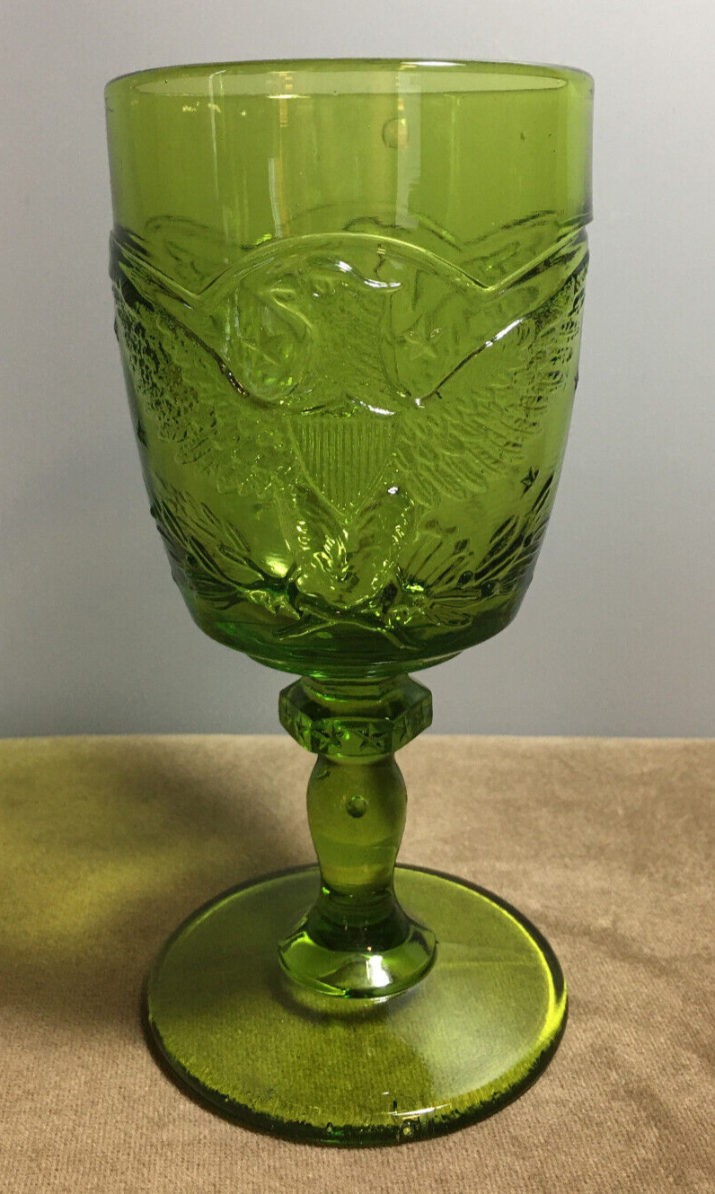 Vintage KANAWHA Green American Eagle Pressed Glass Goblet