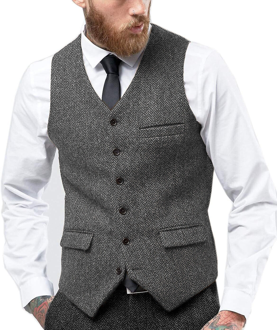 Mens Tweed Vest Herringbone Western Vintage Wool Casual Vests S M Large XL XXL