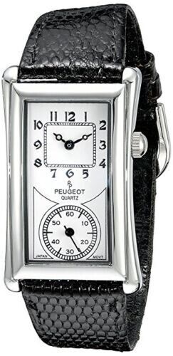 Peugeot Men\'s 2038S Vintage Contoured Dial Black Leather Doctors Silver Watch 