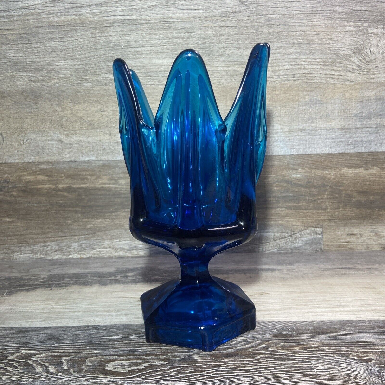 Vtg Viking Glass Six Petal Blue Handkerchief Vase Bowl 8 3/4” Tall Mid Century