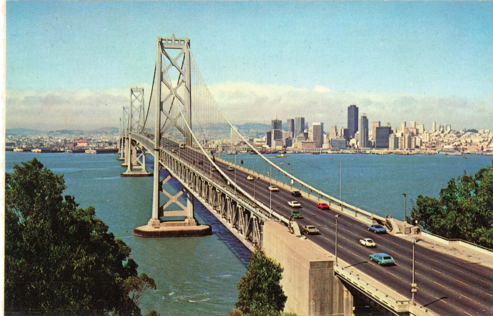 San Francisco CA, Oakland Bay Bridge, Old Cars, City Skyline, Vintage Postcard