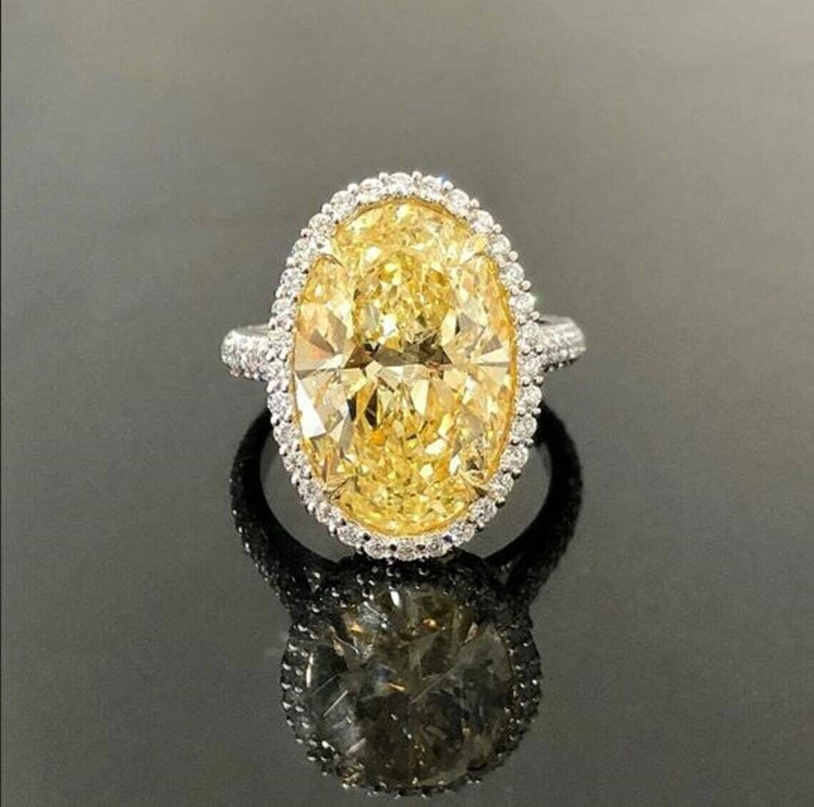 5.0ct Lab Created Canary Yellow Diamond & White Moissanite Big Oval Ring For Her