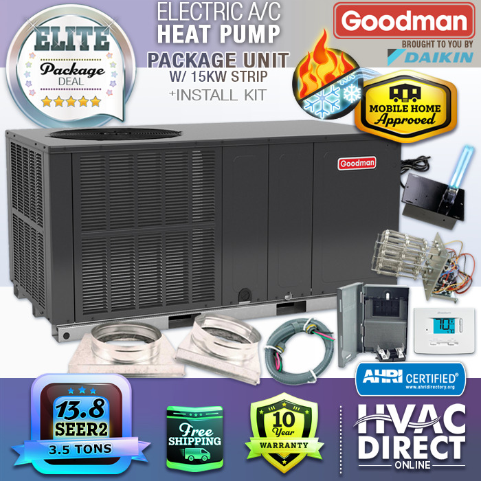 3.5 Ton 13.4 SEER2 Goodman Central AC Heat Pump Package Unit System, Install Kit