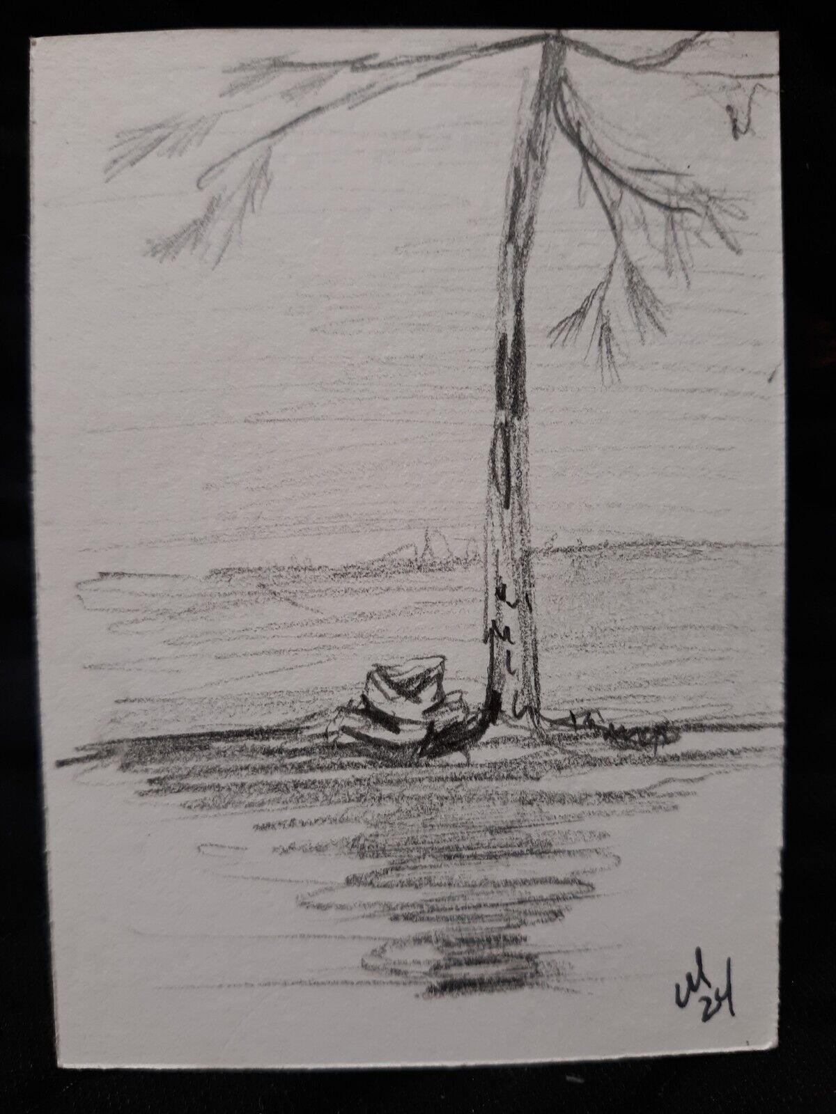 ACEO Graphite Rock and Tree and Water Drawing Artwork Miniature
