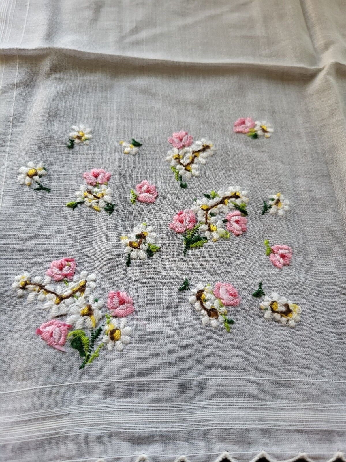 Heirloom Hand-Embroidered Madeira Floral Wedding Handkerchief Pink, White