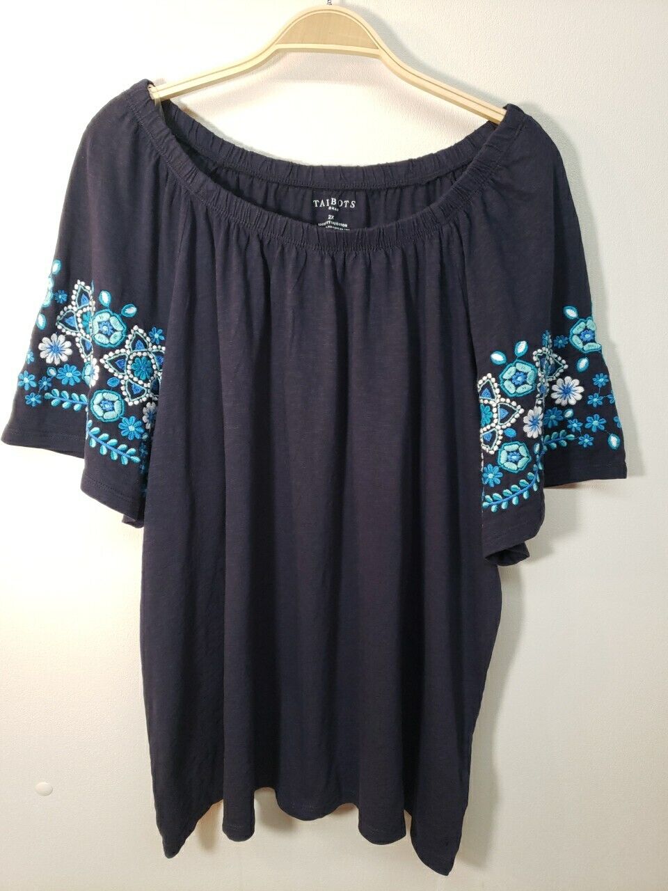 NWOT Talbots Embroidered Gauze Top Size 2X Cotton Elastic Pleated Neckline Navy