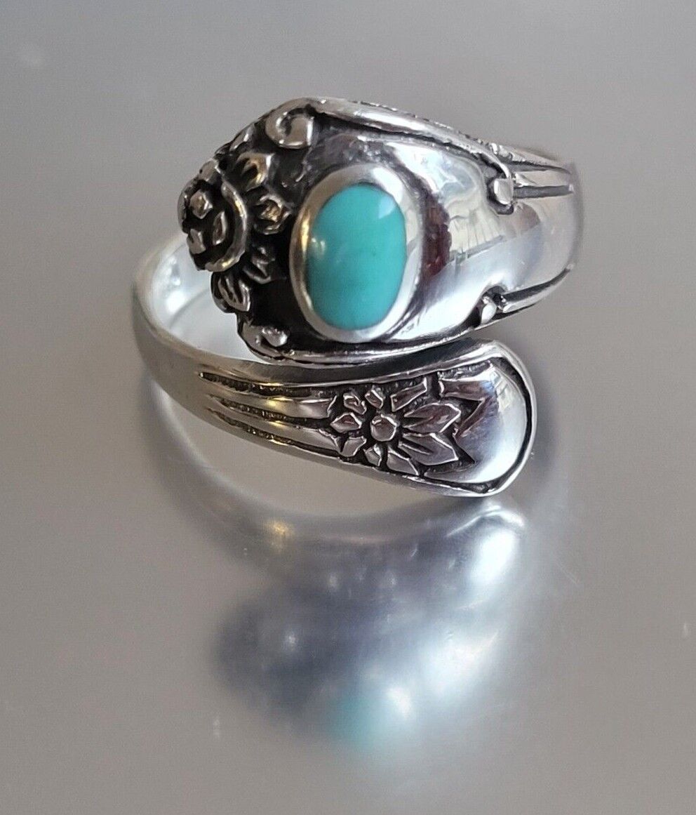 .925 Sterling Silver Turquoise Spoon Ring Unique Adjustable Spoon Ring Band