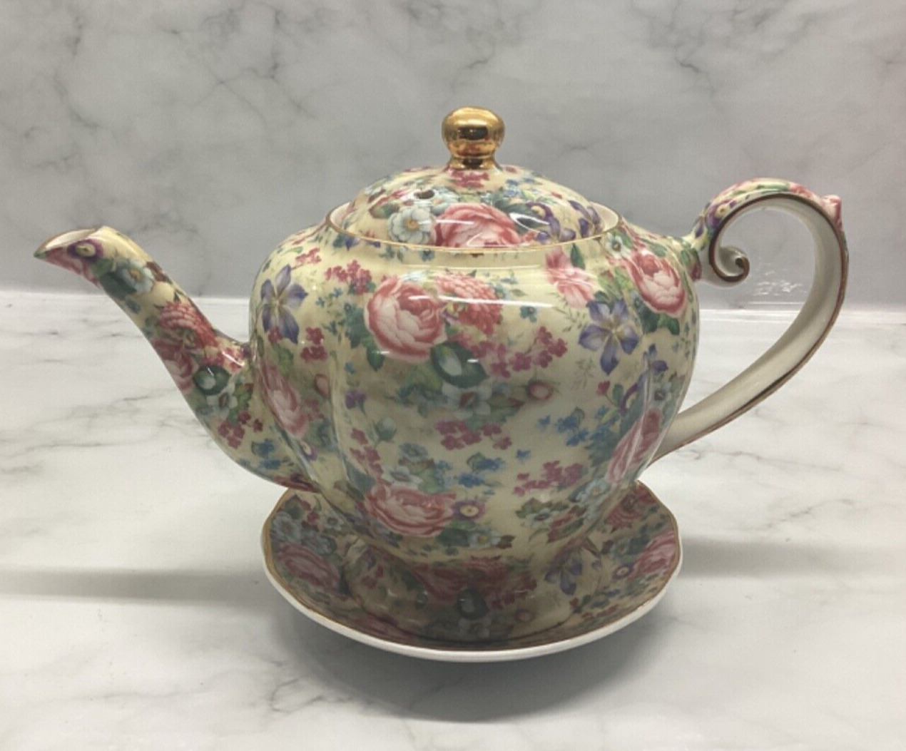 Vintage Teapot Arthur Wood & Son Staffordshire England and same print saucer