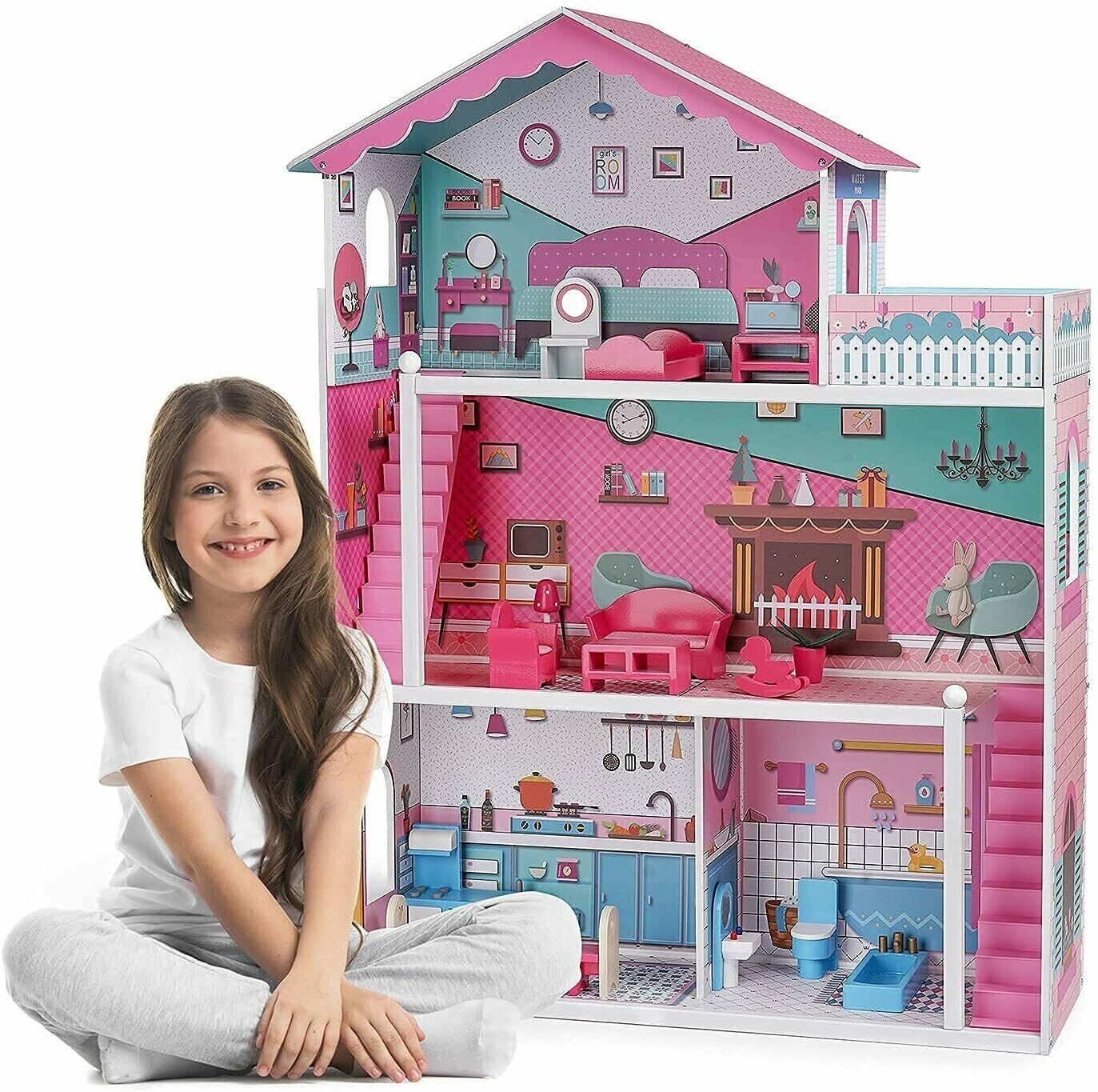 ROBOTIME DIY Wooden 1:6 Barbie Furniture Dollhouse 3 Floors 3-6 Years Girls Gift
