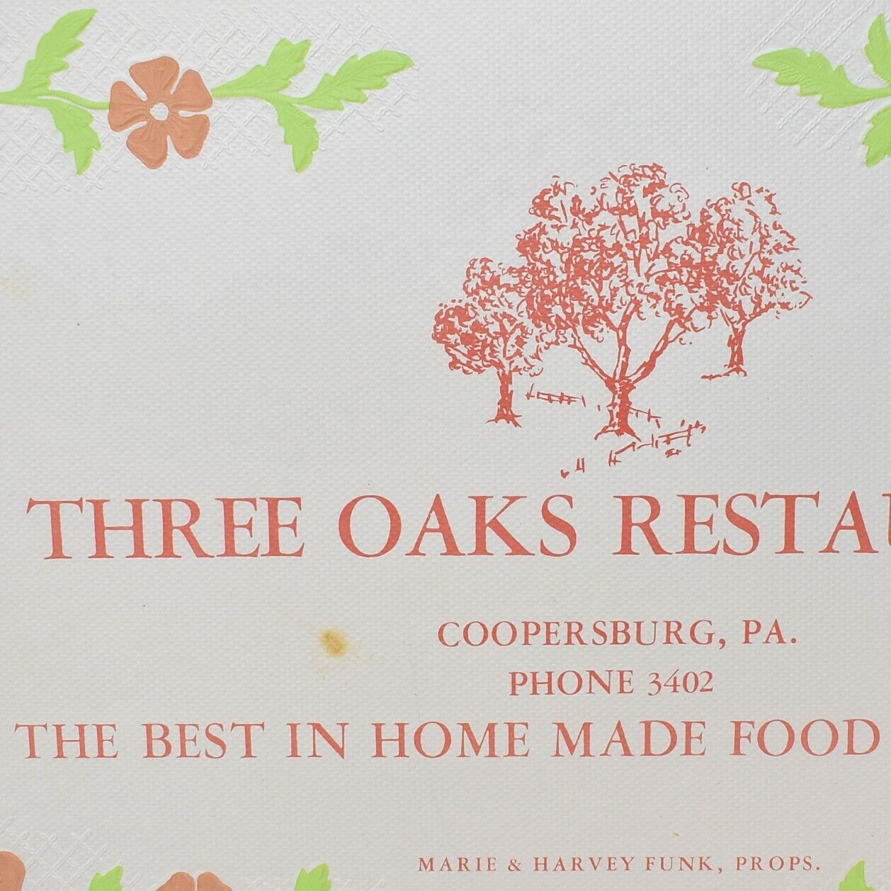 1950s Three Oaks  Restaurant Placemat Marie Harvey Funk Coopersburg Pennsylvania