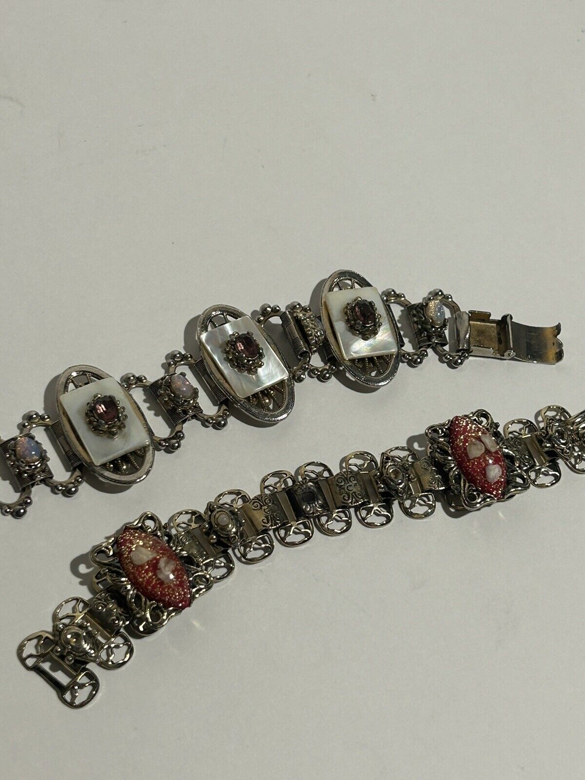 2Vintage Silver Tone Molded Glass Faux Pearl Chain Link Bracelet Fold Over Clasp