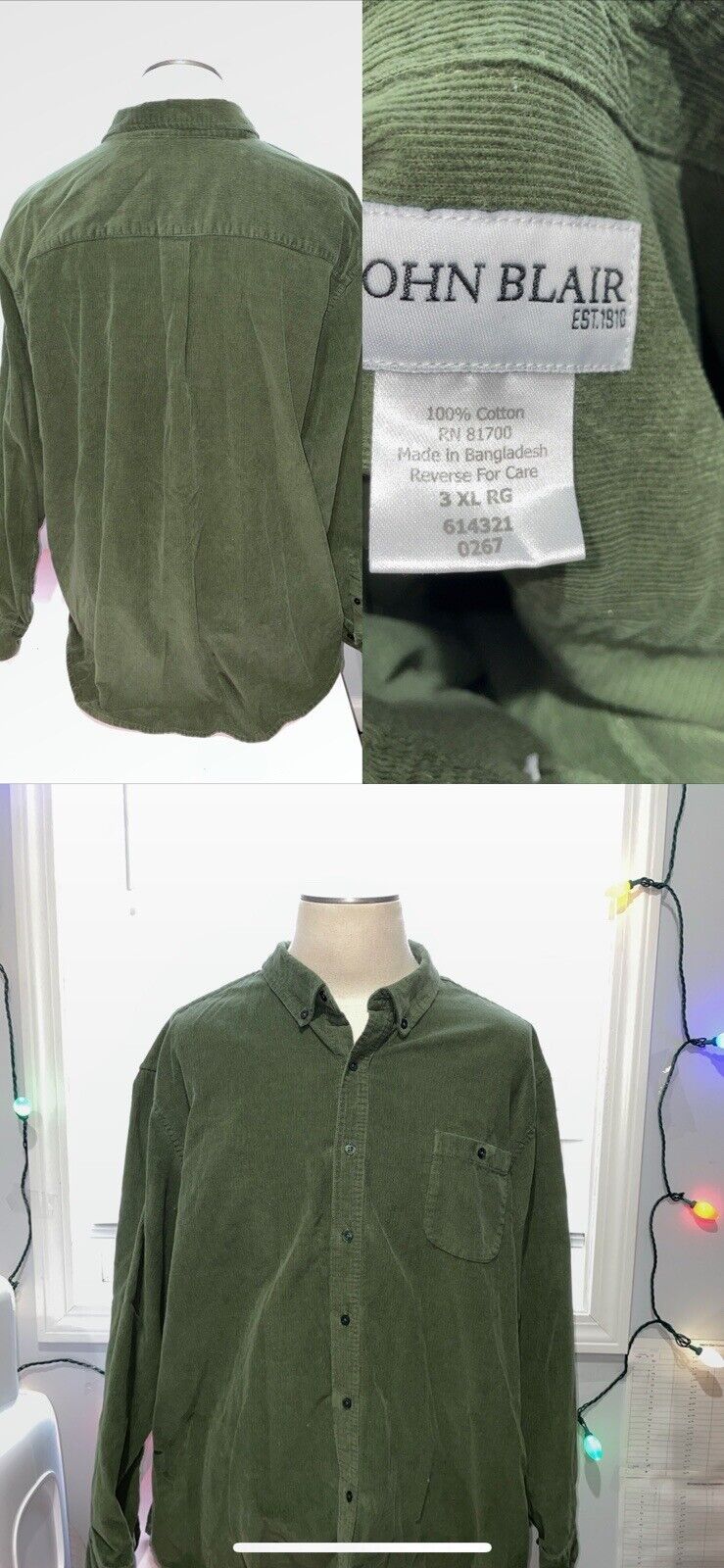 John Blair Corduroy Long Sleeve Button Up Green Men’s Size 3XL Cotton