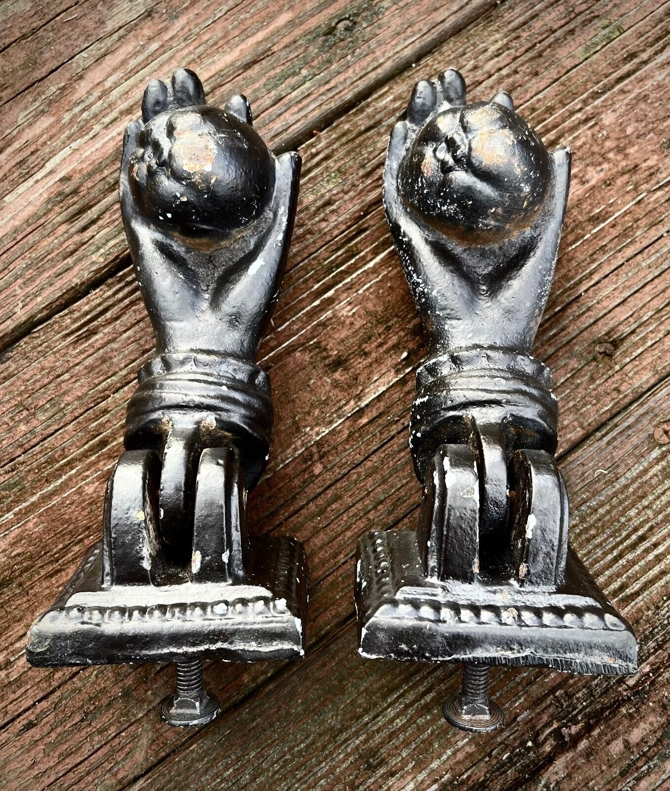 Original Antique Black Cast Iron Women’s Hand Door Knockers — Pair of Two 