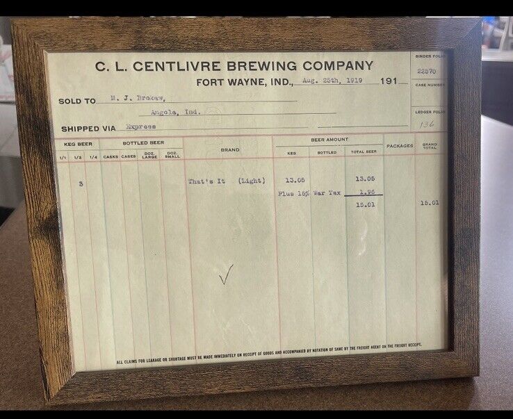 Centlivre Beer Business Receipt 1919 Pre-prohibition Fort Wayne IN Serial # Real