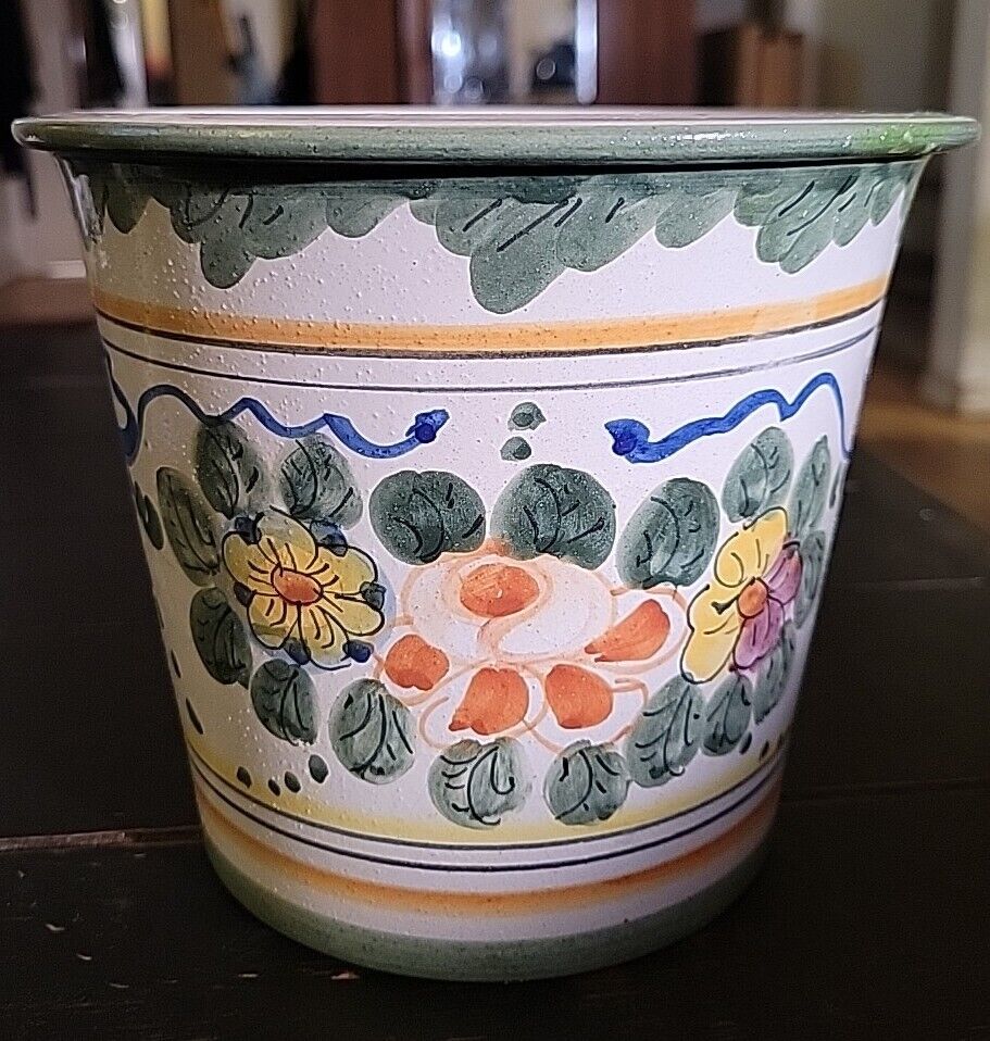 Vintage Hand painted Italian Majolica Signed Deruta Pottery - Floral Pot Planter