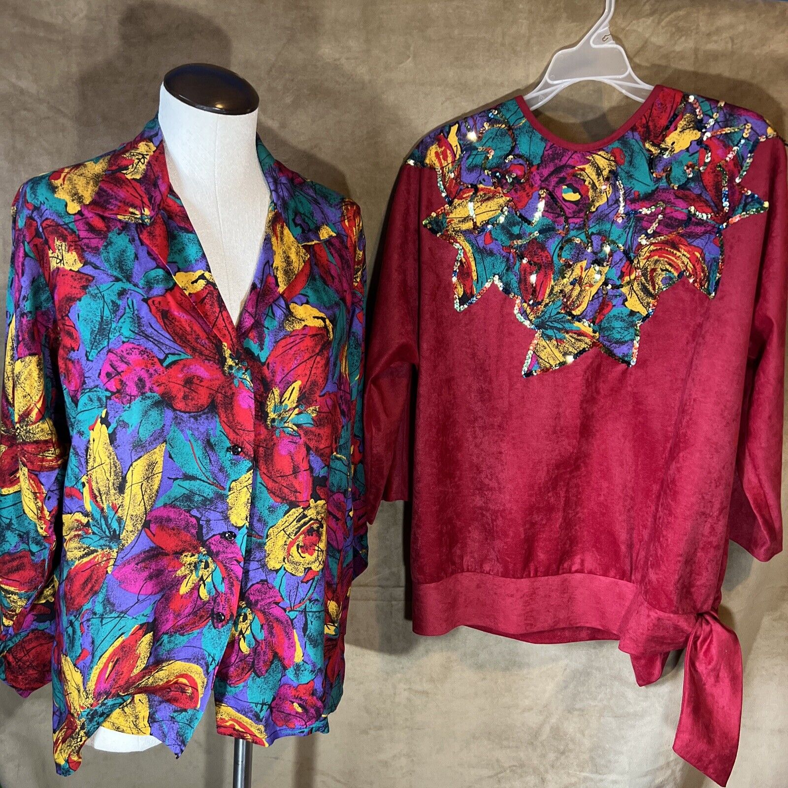 Vintage 1980s Jeanne Durrell 2 SHIRTS in ONE Sequin Color Block 80s Womens Set
