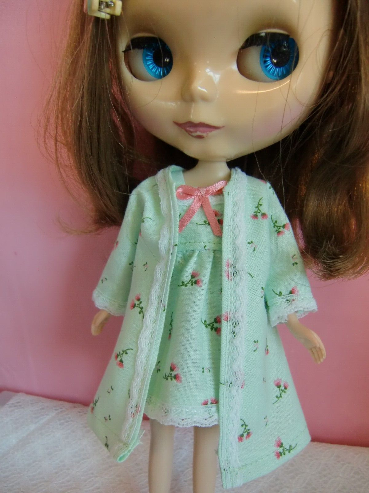 Blythe/Skipper Doll Clothes Lt Green Floral Nightgown & Robe