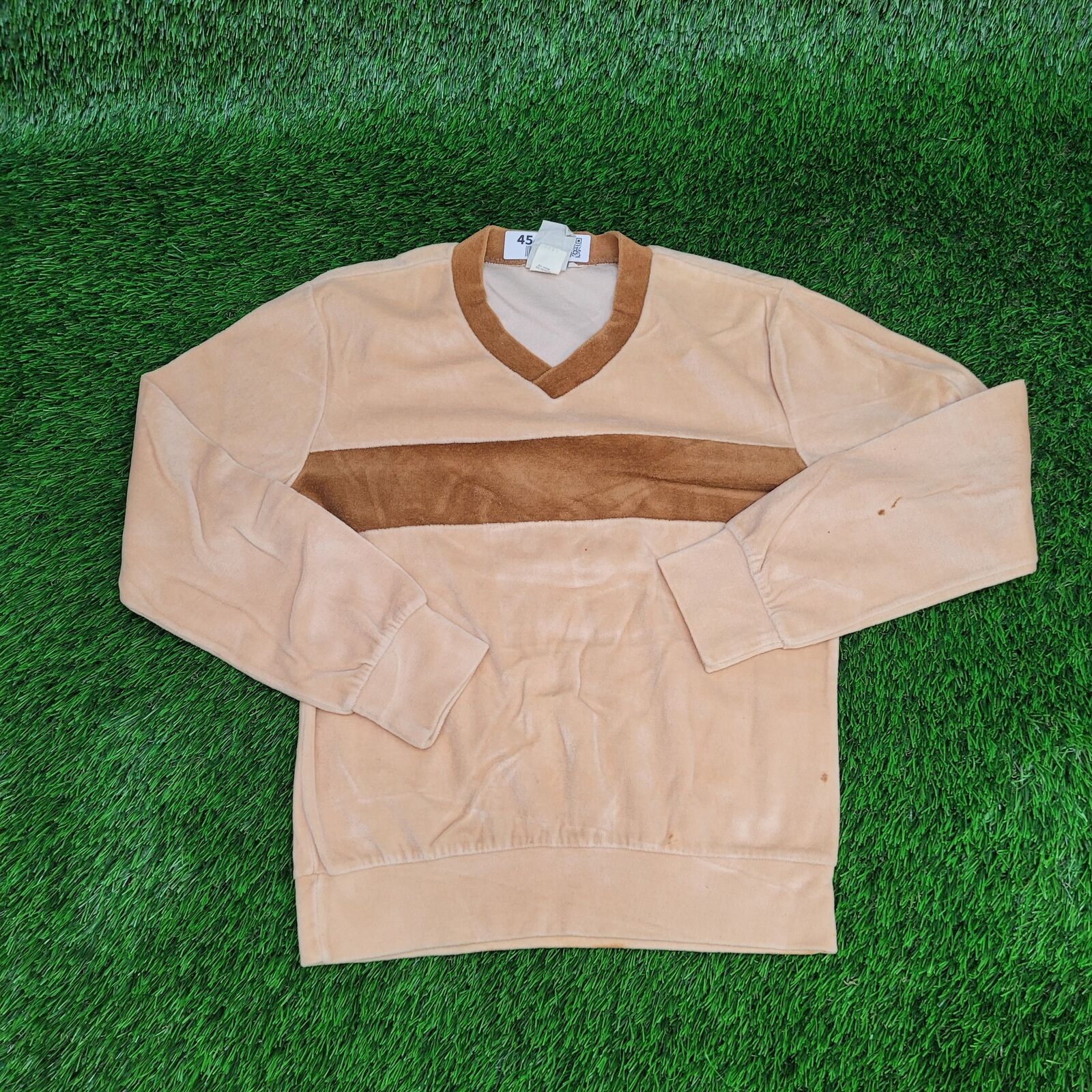 Vintage 70s Velour Striped Colorblock Sweatshirt Mens Small Brown Beige USA