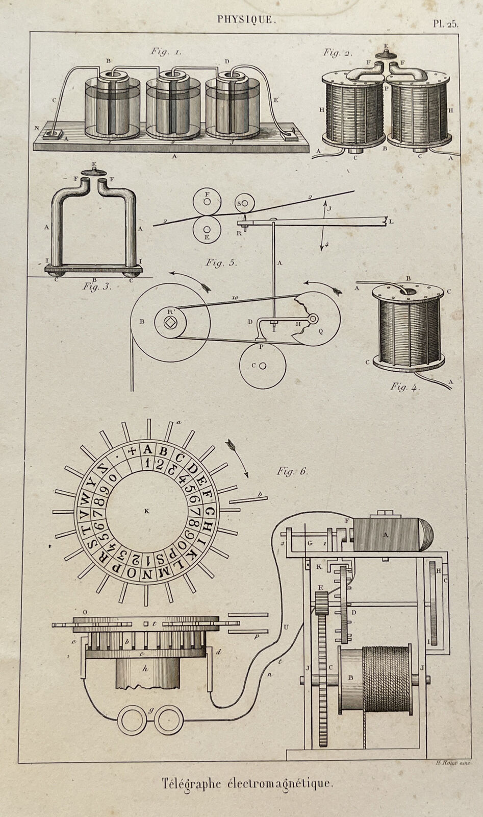 Antique 1852 French Print Electromagnetic Telegraph Machinery Alphabet