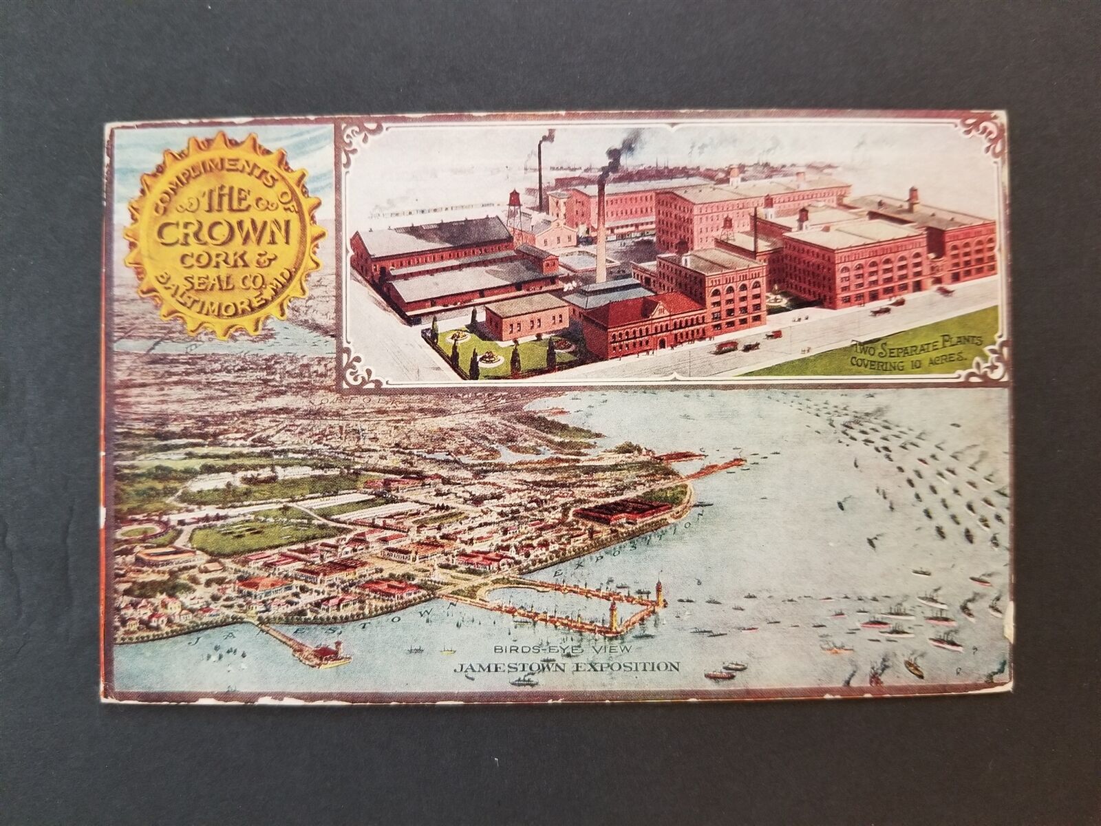 1907 antique CROWN CORK & SEAL Co baltimore md POSTCARD wv Mrs WILLCOX from SON