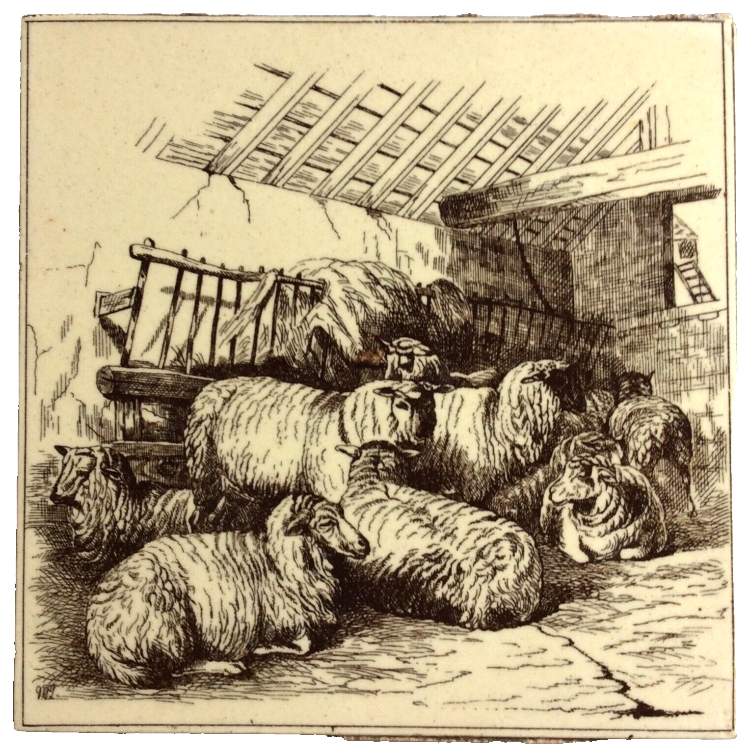 Minton Hollins Antique Tile, W P Simpson Sheep in Barn c. 1880\'s Nice Condition