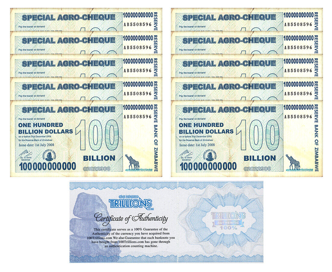 10 Zimbabwe 100 Billion Special Agro Cheque banknote 2008, P-64 USED COA