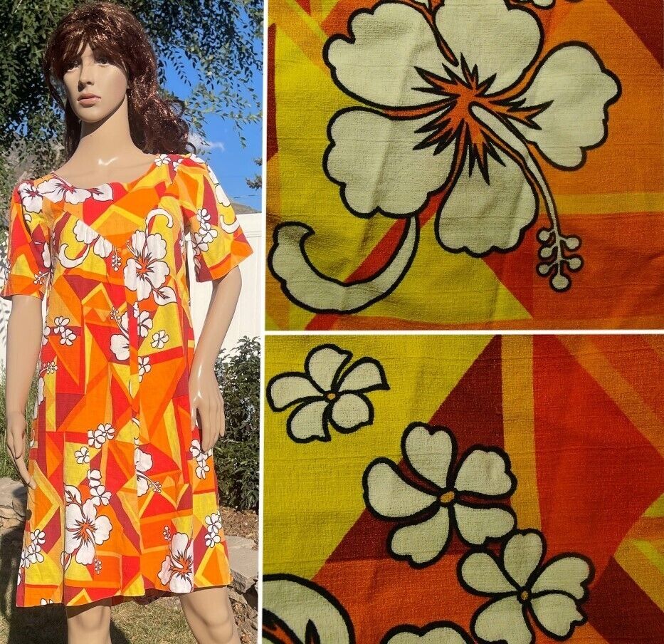 true vintage 60\'s PSYCHEDELIC hawaiian dress MOD muu muu bark cloth aloha OS