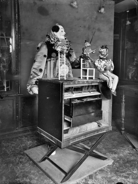 Group of automaton clowns assembled with a music box France 1908 Old Photo