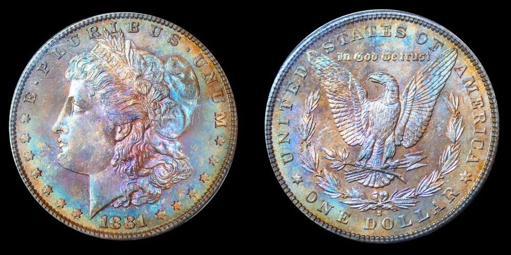 1881-S PCGS MS64 MORGAN $ EXCEPTIONAL COLORFUL VIBRANT RAINBOW TONING