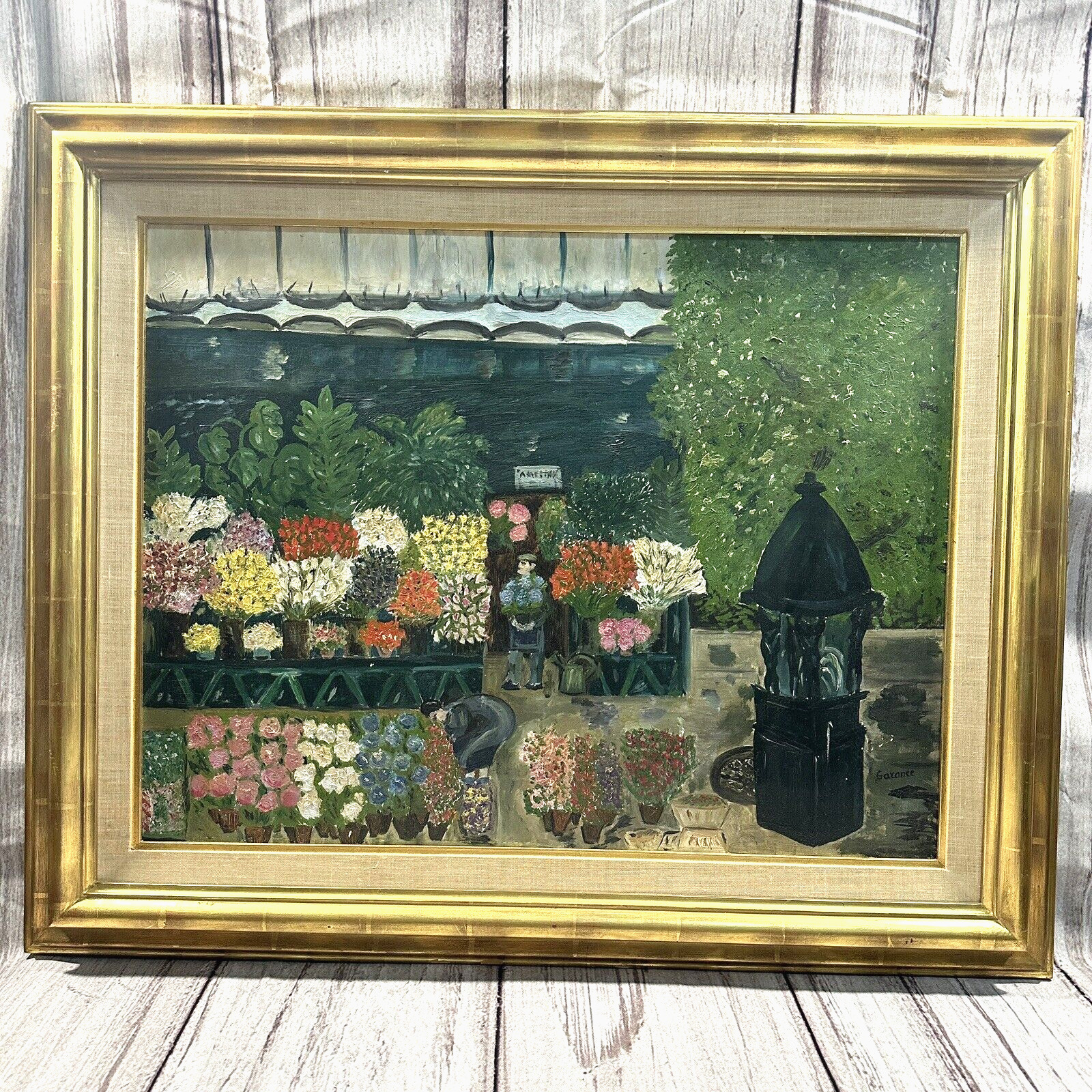 Flower Market Floral Painting French /France Green Red SIGNED Gold Frame